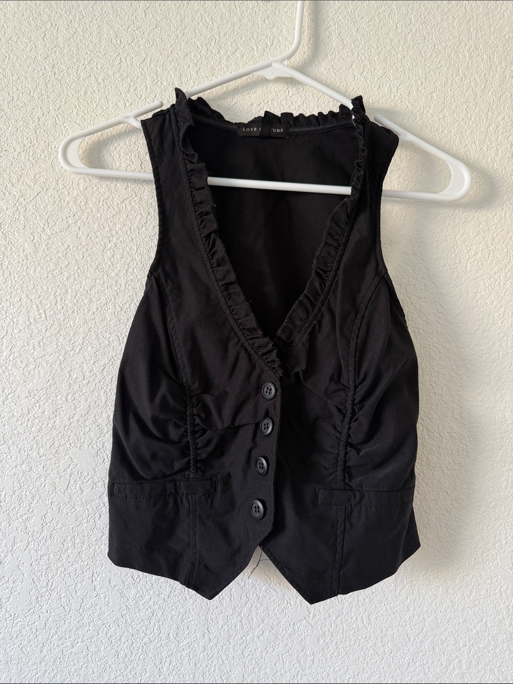 Love Culture Black Ruffled V‑Neck Button Front Vest